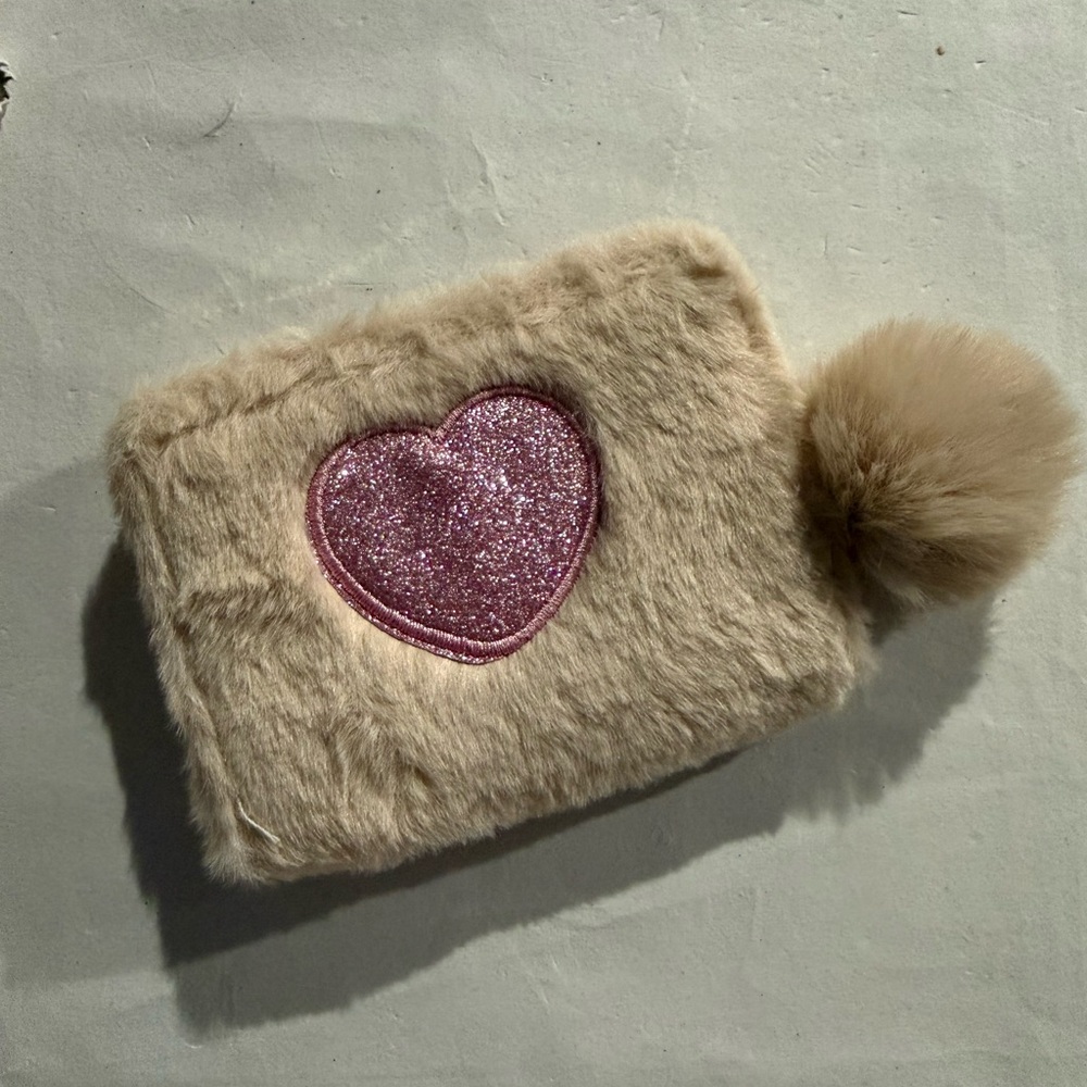 Furry Beige Clutch with Pink Heart